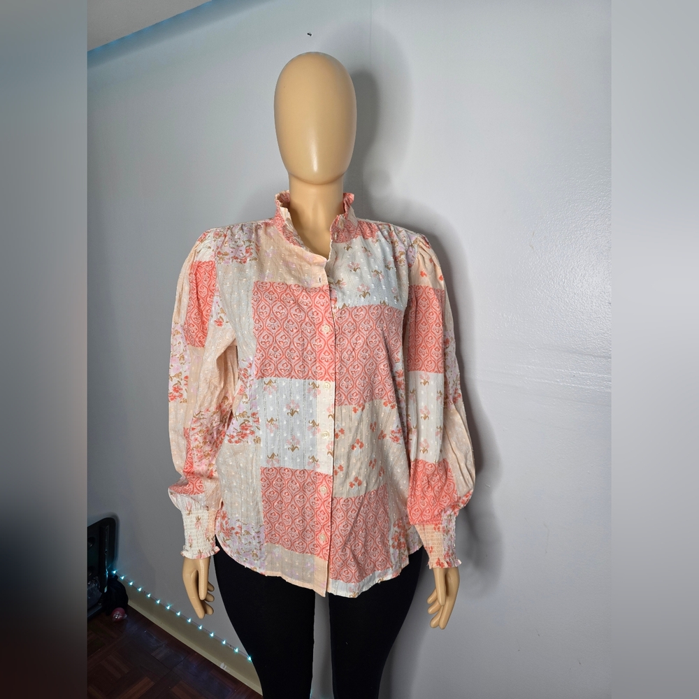 Style & Co. Patchwork Ruffle-Neck Blouse in Coral & Cream Size US/M
